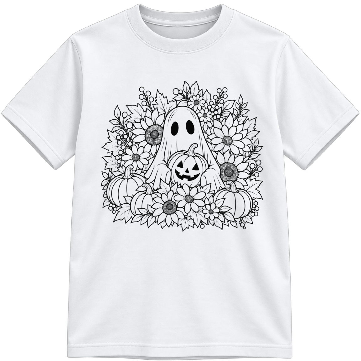 Little Harvest Ghost Classic Color-Your-Own white T-shirt with black linework, shown upright