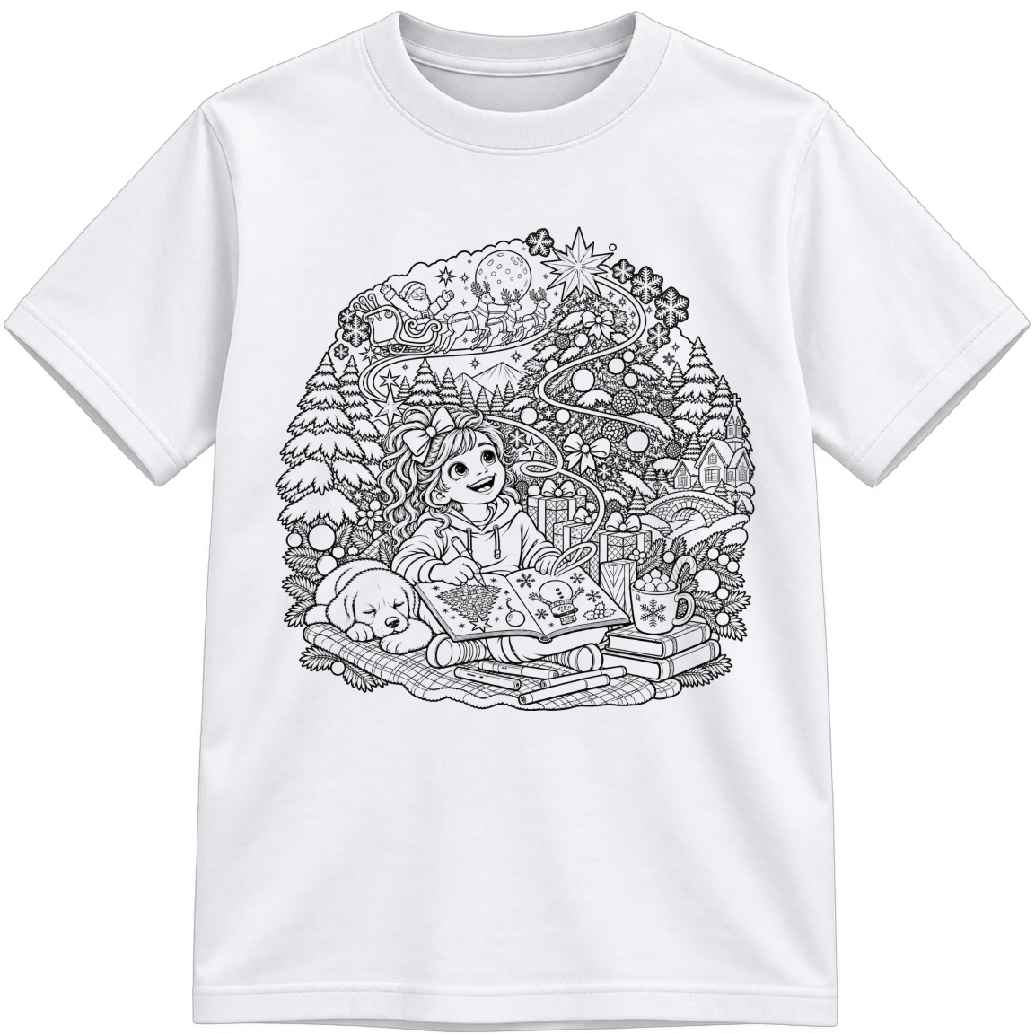 Christmas Comes to Life Classic Color-Your-Own white T-shirt with black linework, shown upright