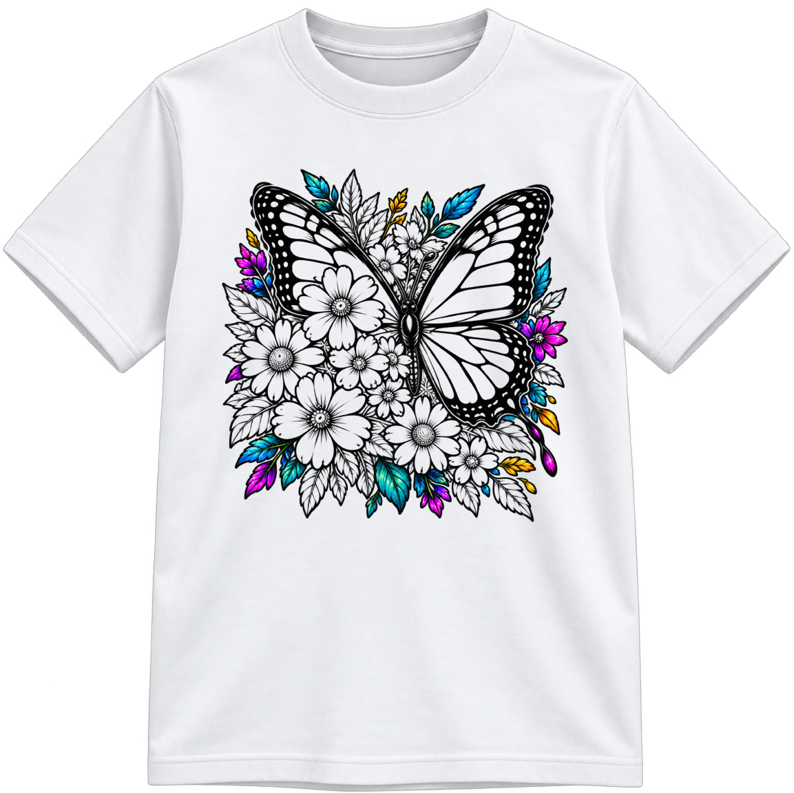 Botanical Butterfly Little Makers white T-shirt with partially colored sections, shown upright