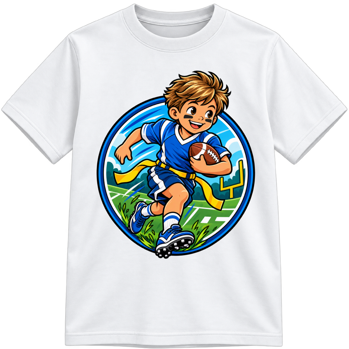 Boys Flag Football Fully Colored white T-shirt, finished and shown upright