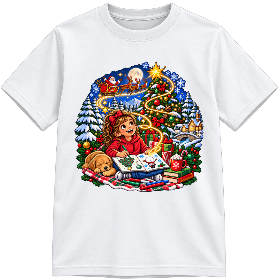 Christmas Comes to Life Fully Colored white T-shirt, finished and shown upright
