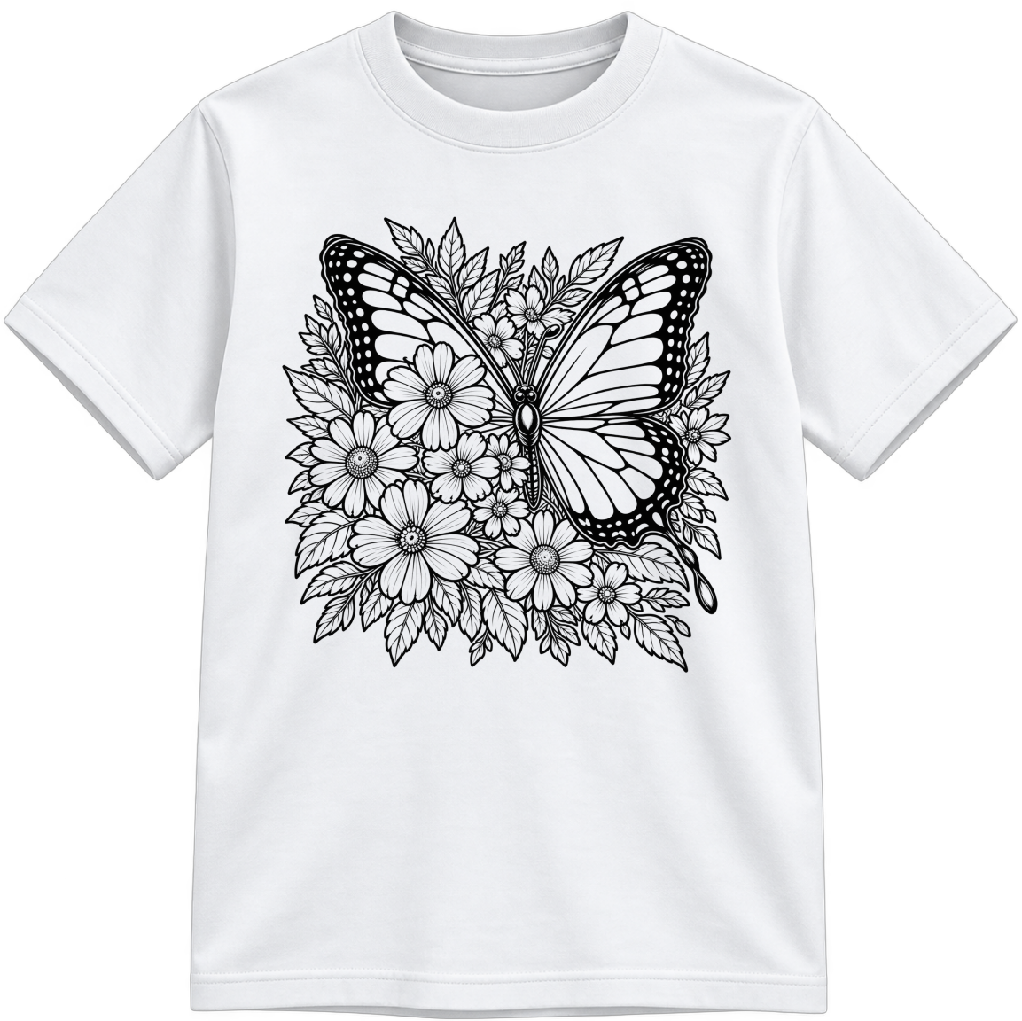Botanical Butterfly Classic Color-Your-Own white T-shirt with black linework, shown upright