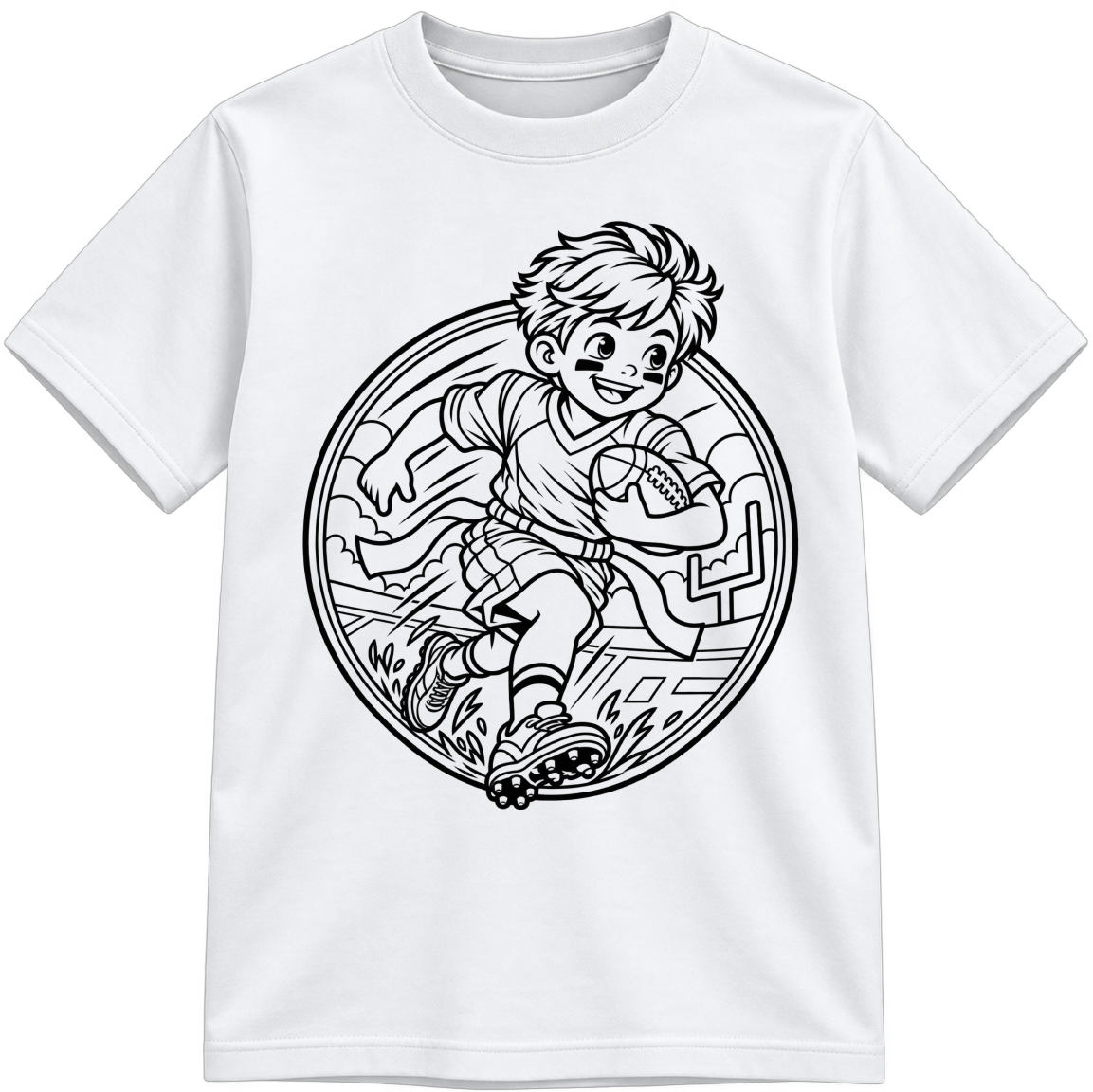 Boys Flag Football Classic Color-Your-Own white T-shirt with black linework, shown upright