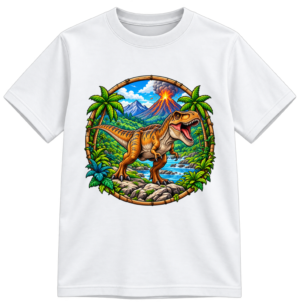 Volcano Valley T-Rex Fully Colored white T-shirt, finished and shown upright