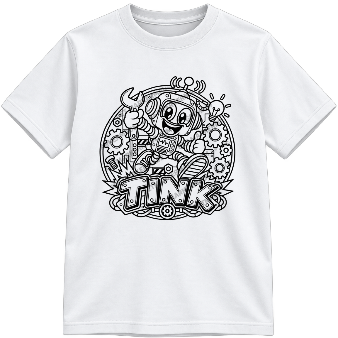 Tink Classic Color-Your-Own white T-shirt with black linework, shown upright