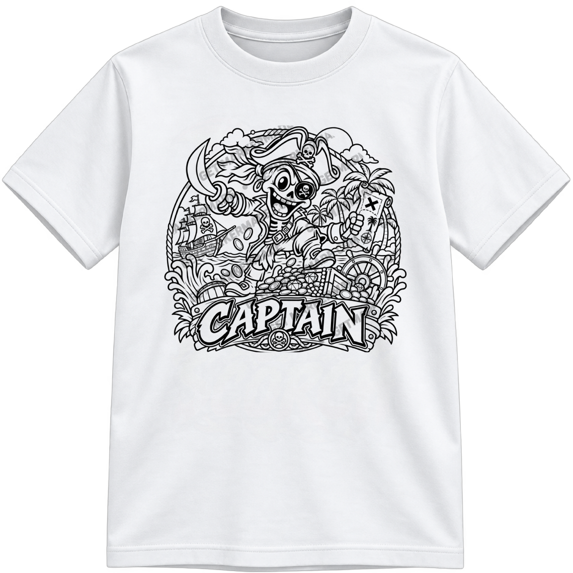 Captain Classic Color-Your-Own white T-shirt with black linework, shown upright