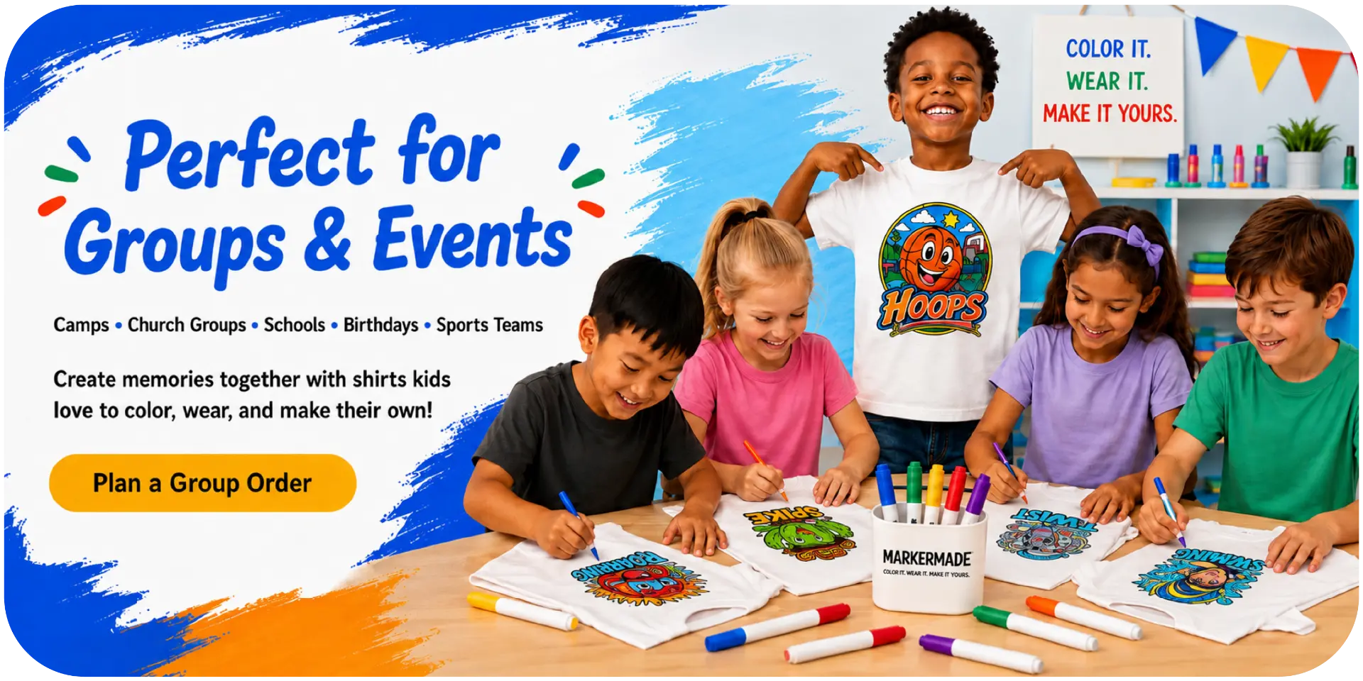 Perfect for Groups & Events — kids and teens coloring their own T-shirts