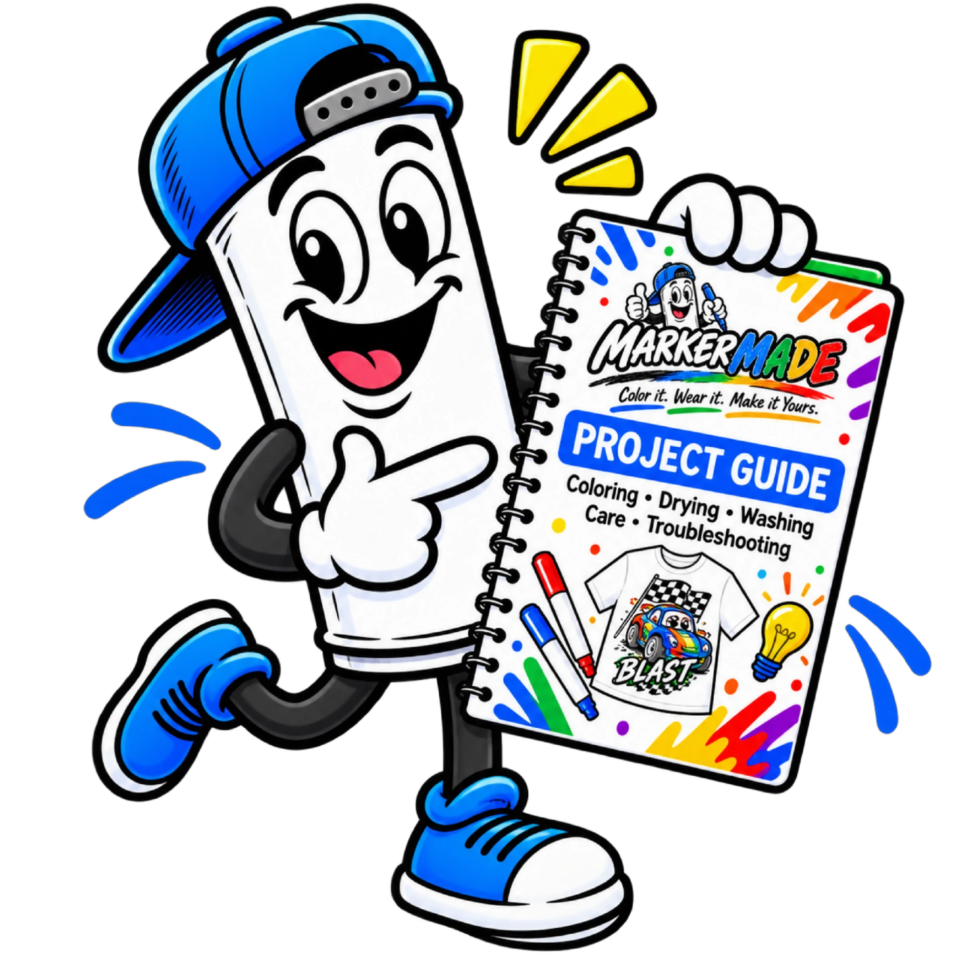 MarkerMade mascot holding the Project Guide booklet