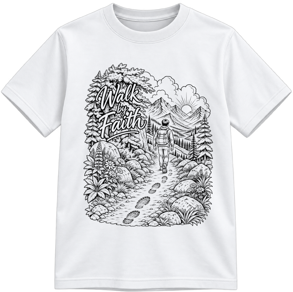Walk by Faith Classic Color-Your-Own white T-shirt with black linework, shown upright