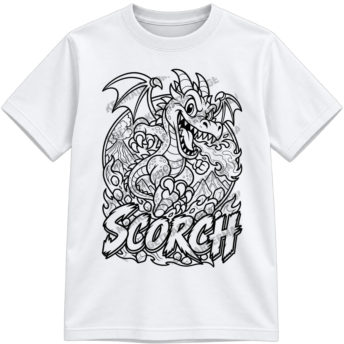 Scorch Classic Color-Your-Own white T-shirt with black linework, shown upright