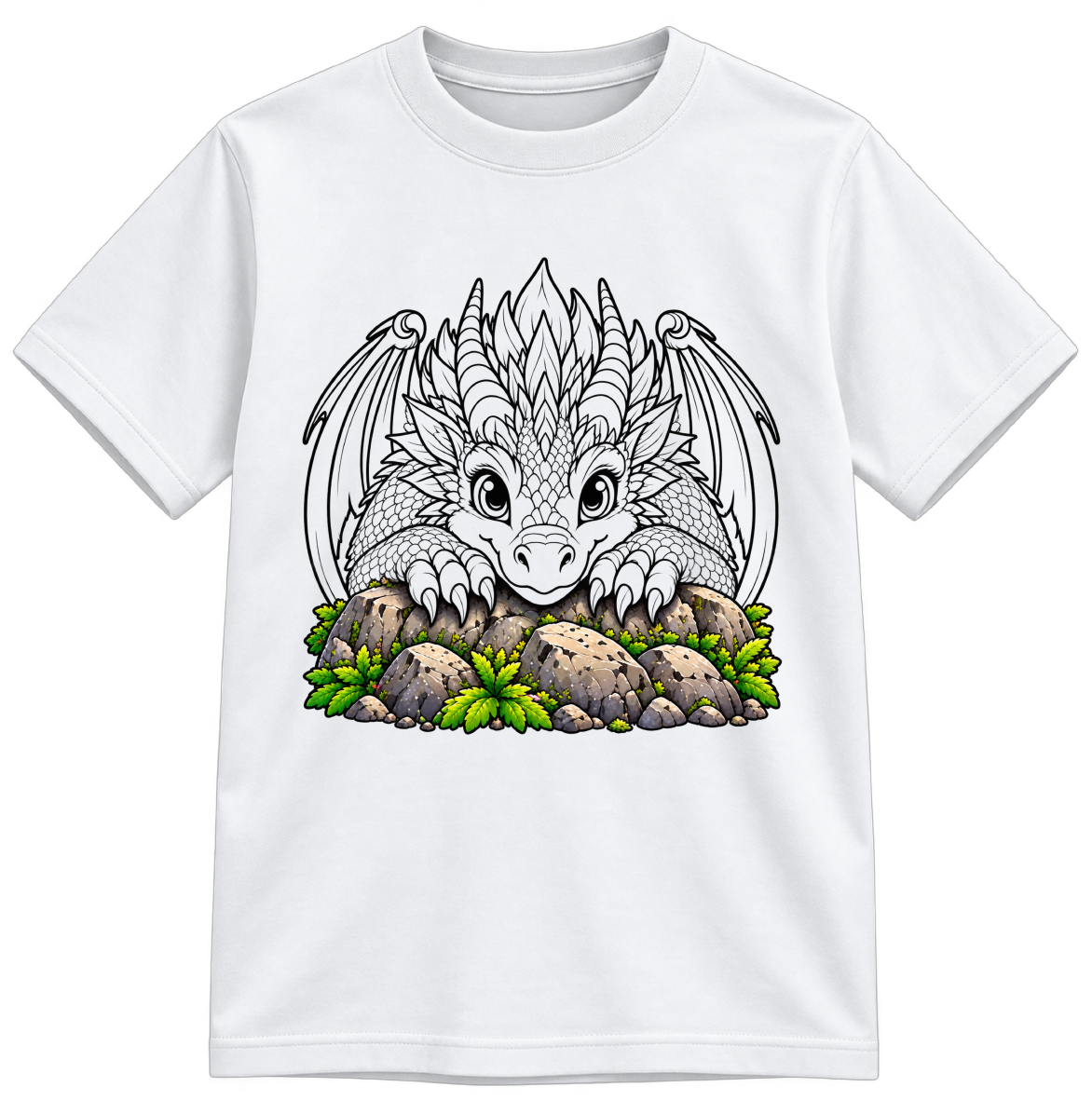 Mountain Dragon Little Makers white T-shirt with partially colored sections, shown upright