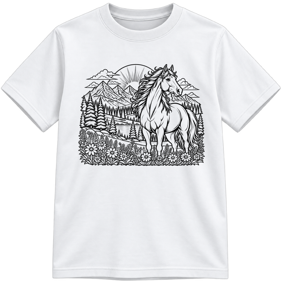 Wildflower Horse Classic Color-Your-Own white T-shirt with black linework, shown upright