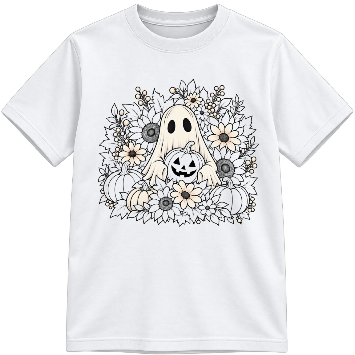Little Harvest Ghost Little Makers white T-shirt with partially colored sections, shown upright