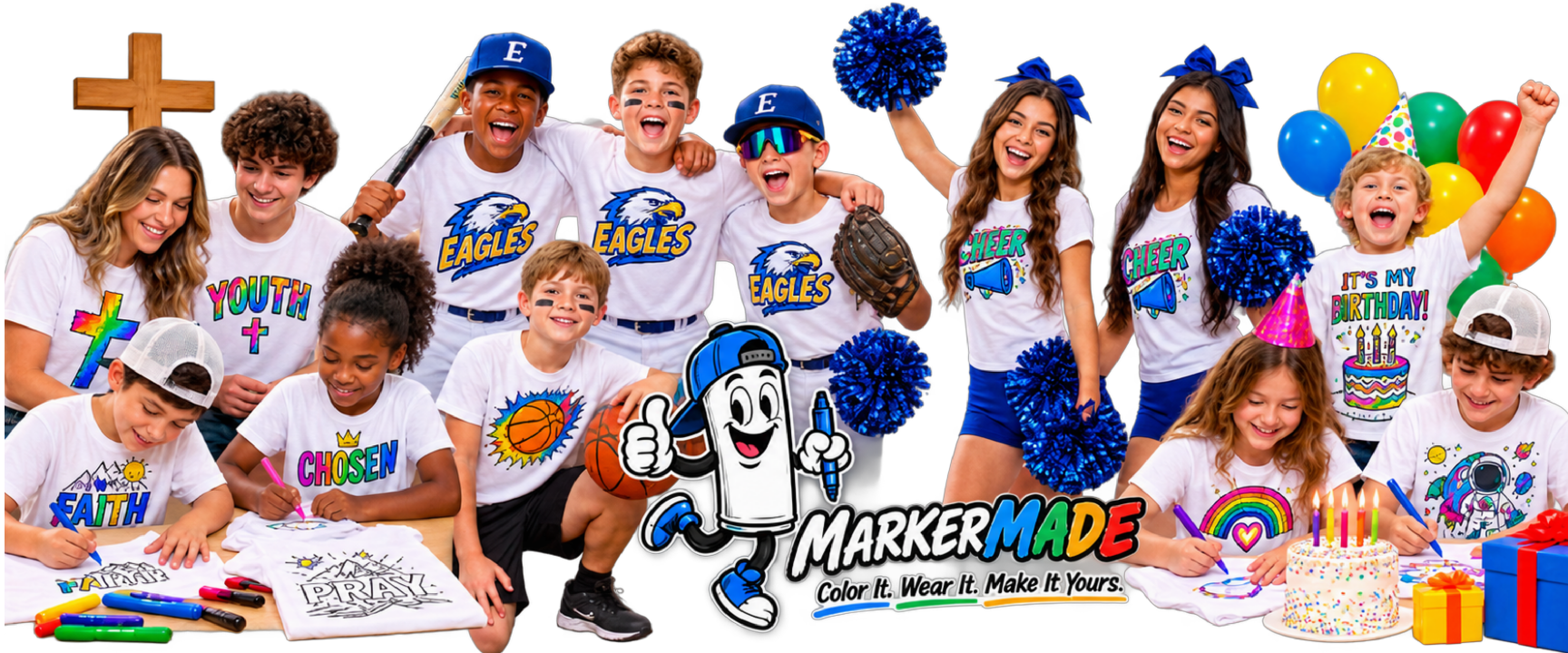 Kids, teens, and groups wearing custom MarkerMade shirts for church, sports, cheer, and birthday events