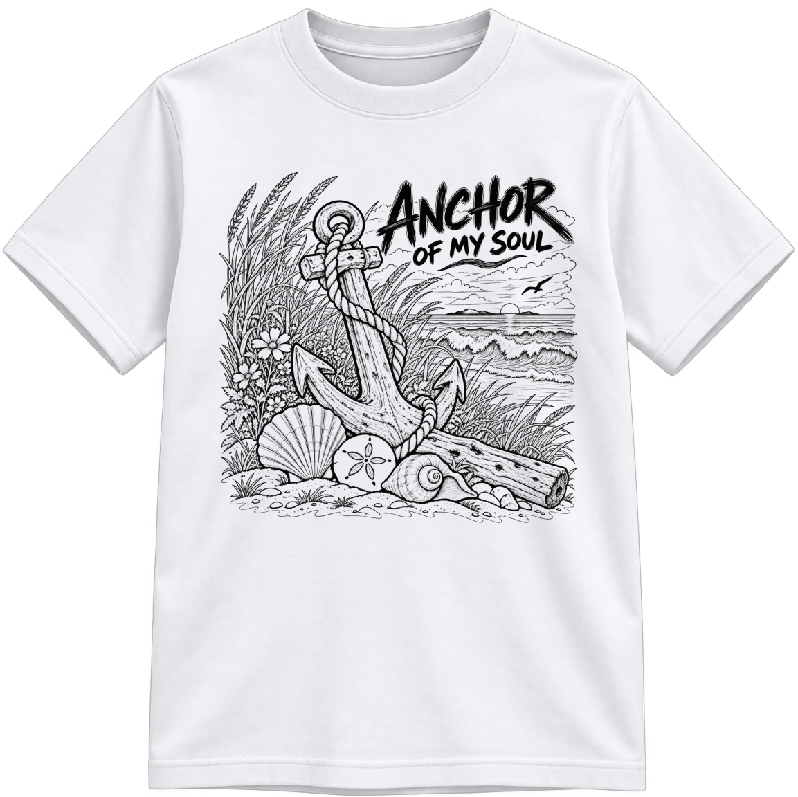 Anchor of My Soul Classic Color-Your-Own white T-shirt with black linework, shown upright
