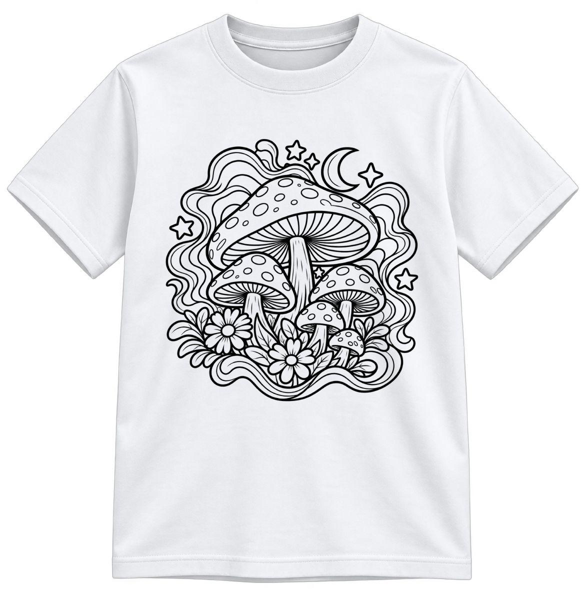 Rainbow Mushroom Magic Classic Color-Your-Own white T-shirt with black linework, shown upright