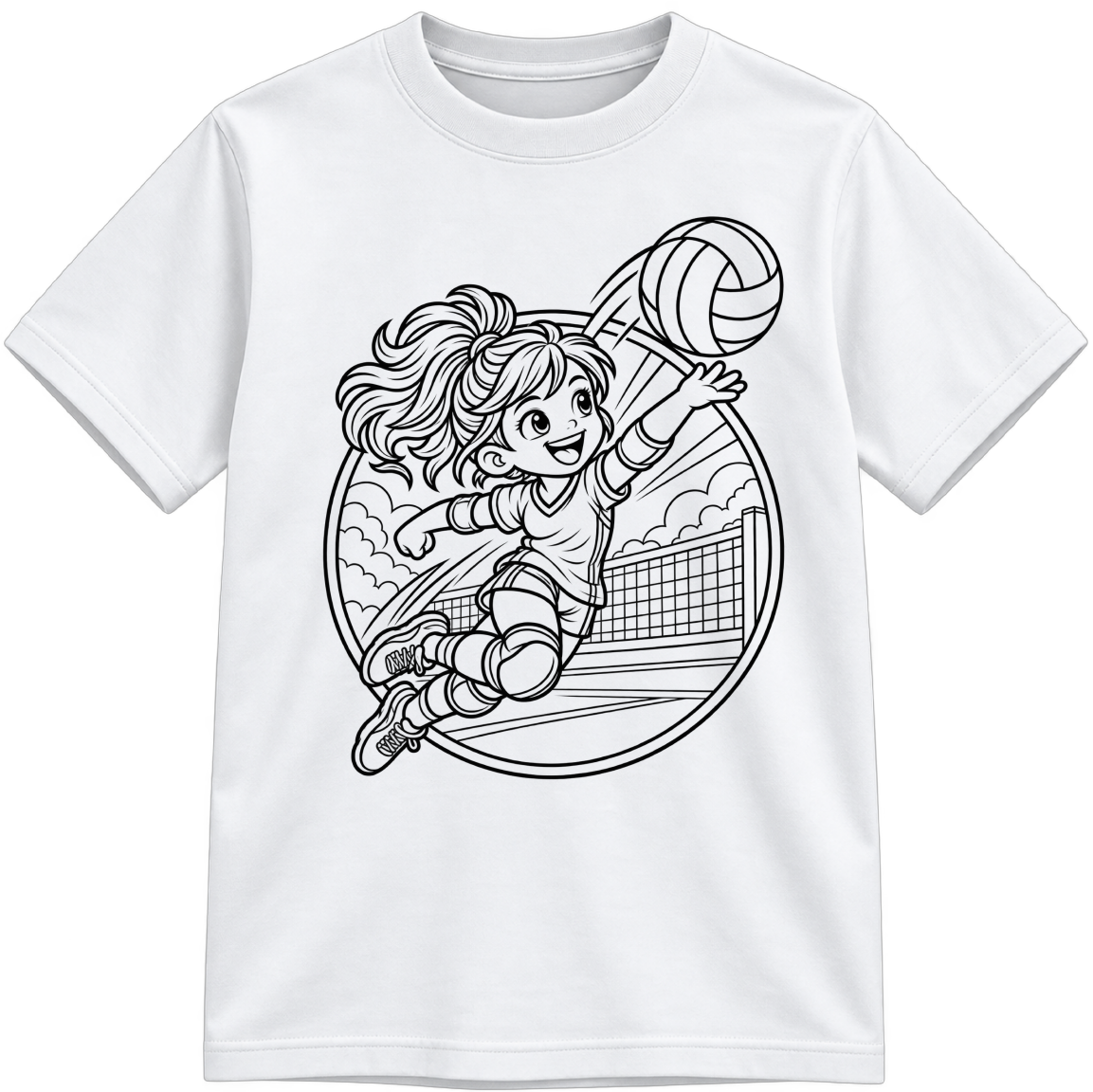 Girls Volleyball Classic Color-Your-Own white T-shirt with black linework, shown upright