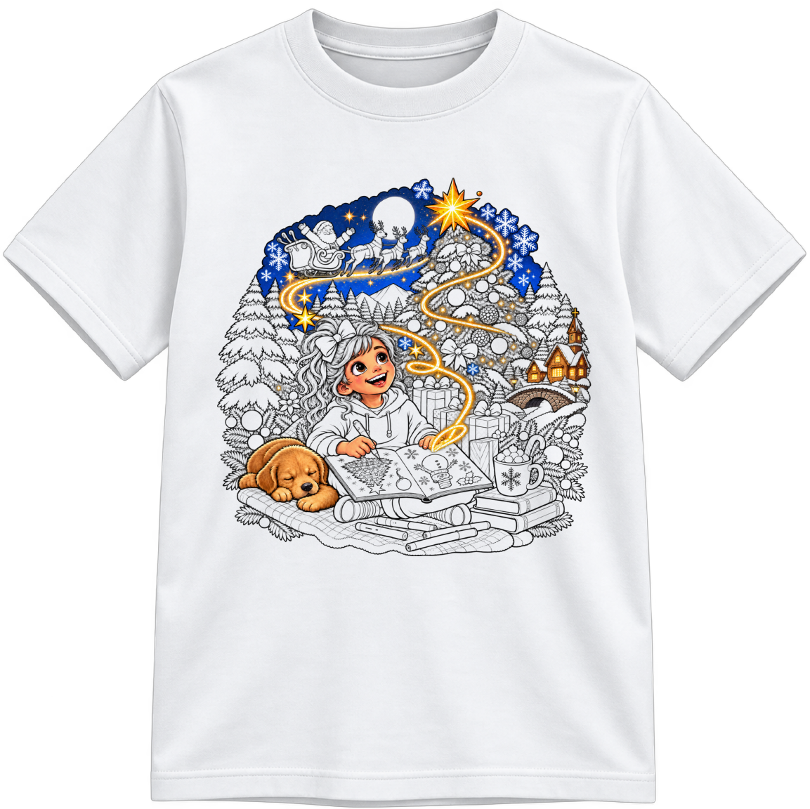 Christmas Comes to Life Little Makers white T-shirt with partially colored sections, shown upright
