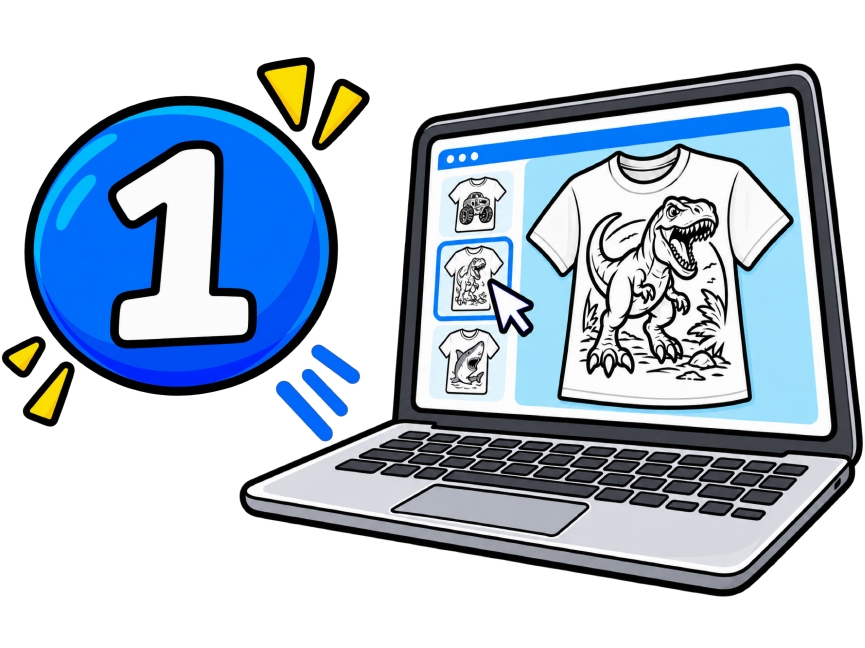 Step 1: picking a dinosaur coloring shirt design on a laptop
