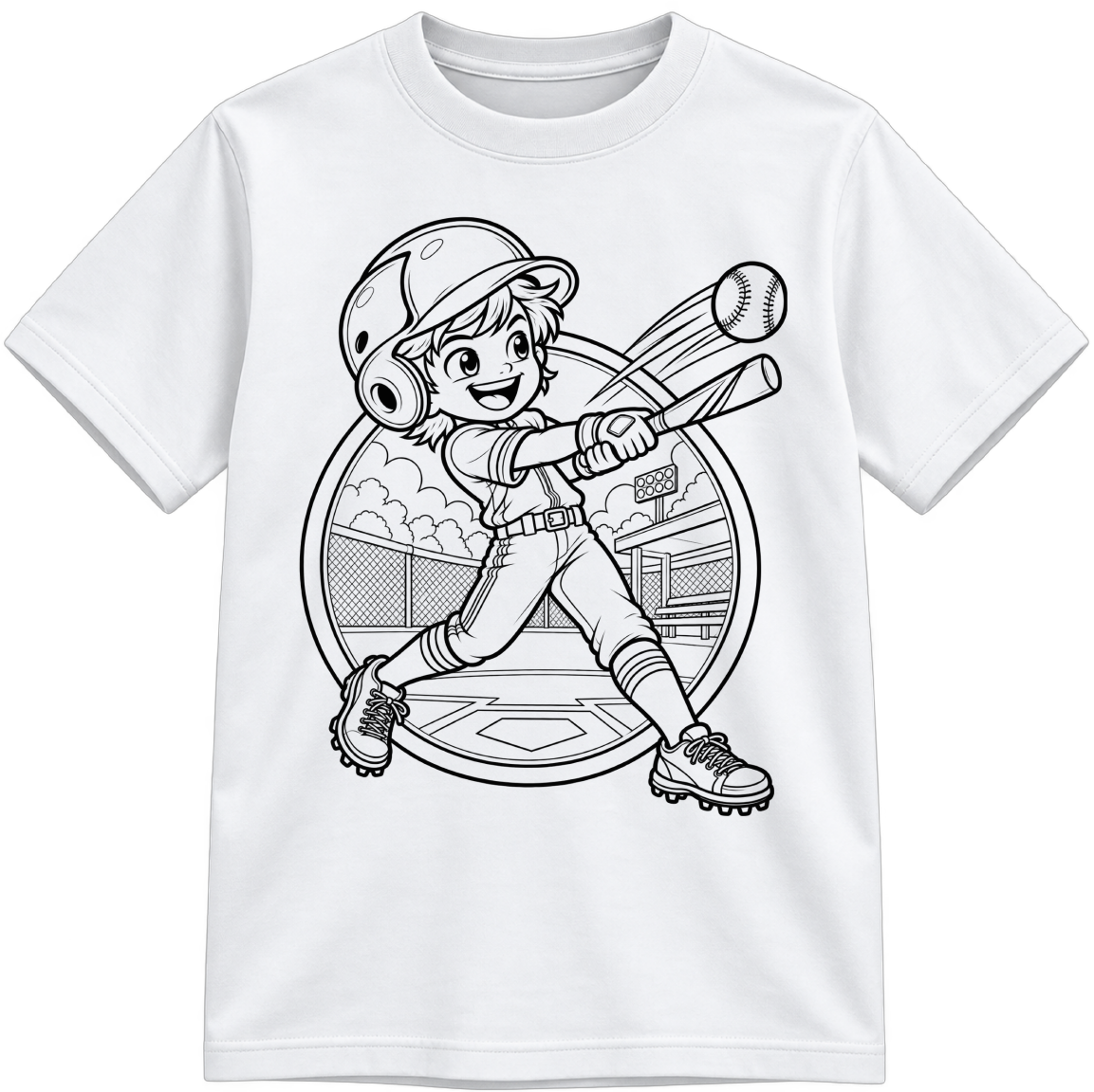 Boys Baseball Classic Color-Your-Own white T-shirt with black linework, shown upright