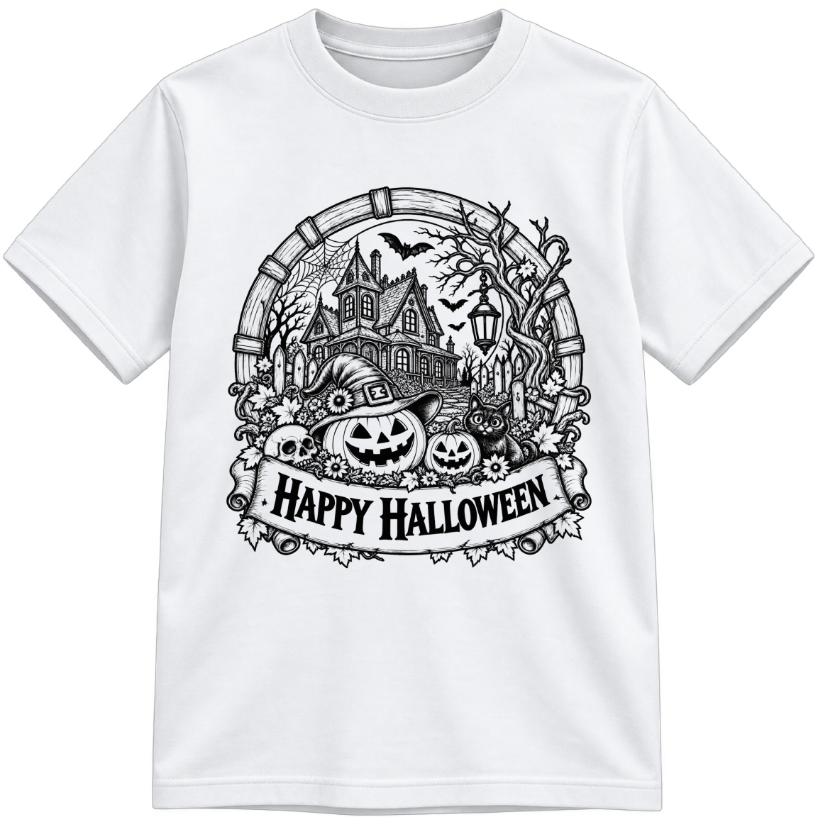 Happy Halloween Classic Color-Your-Own white T-shirt with black linework, shown upright