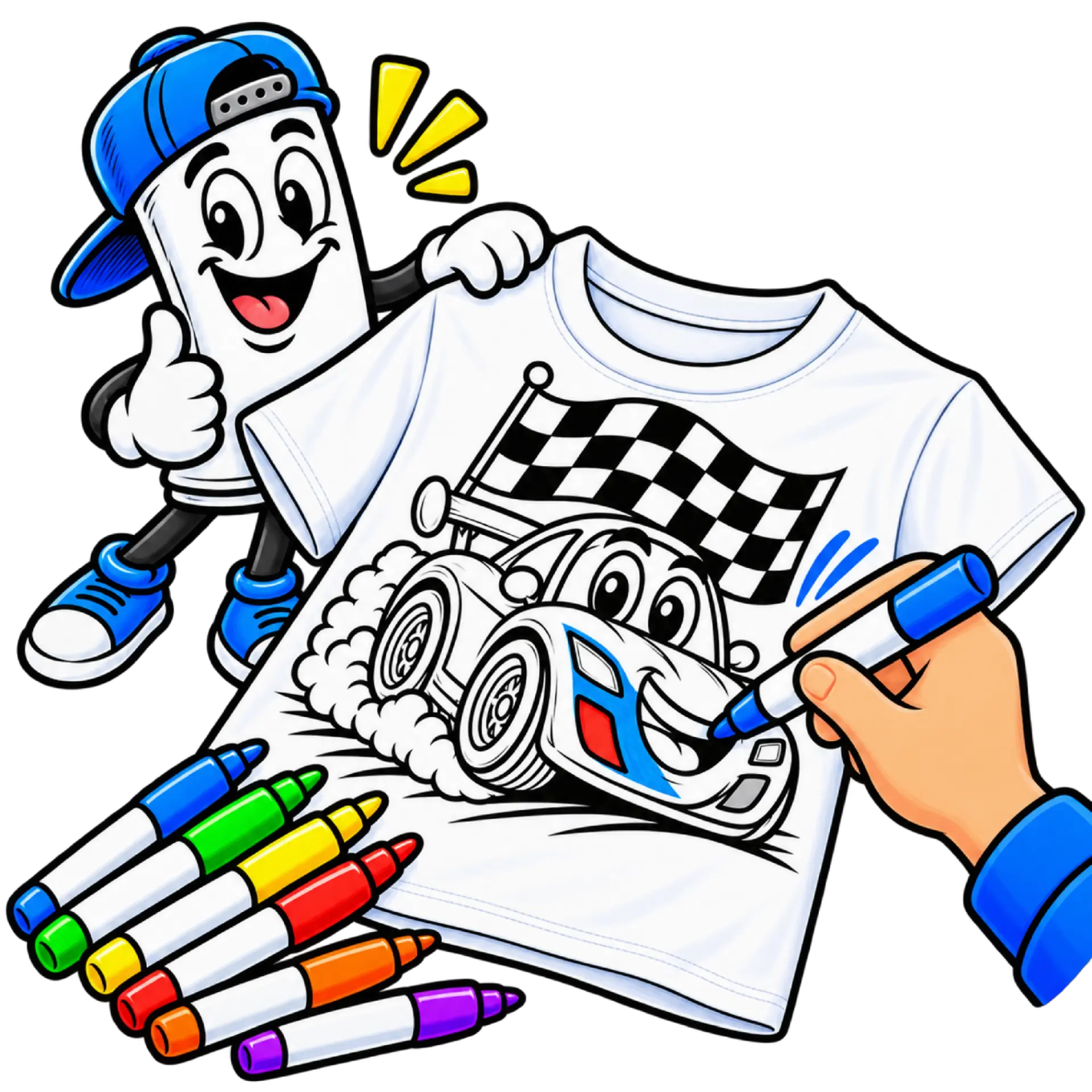 A hand coloring the race car design on a shirt with a blue fabric marker