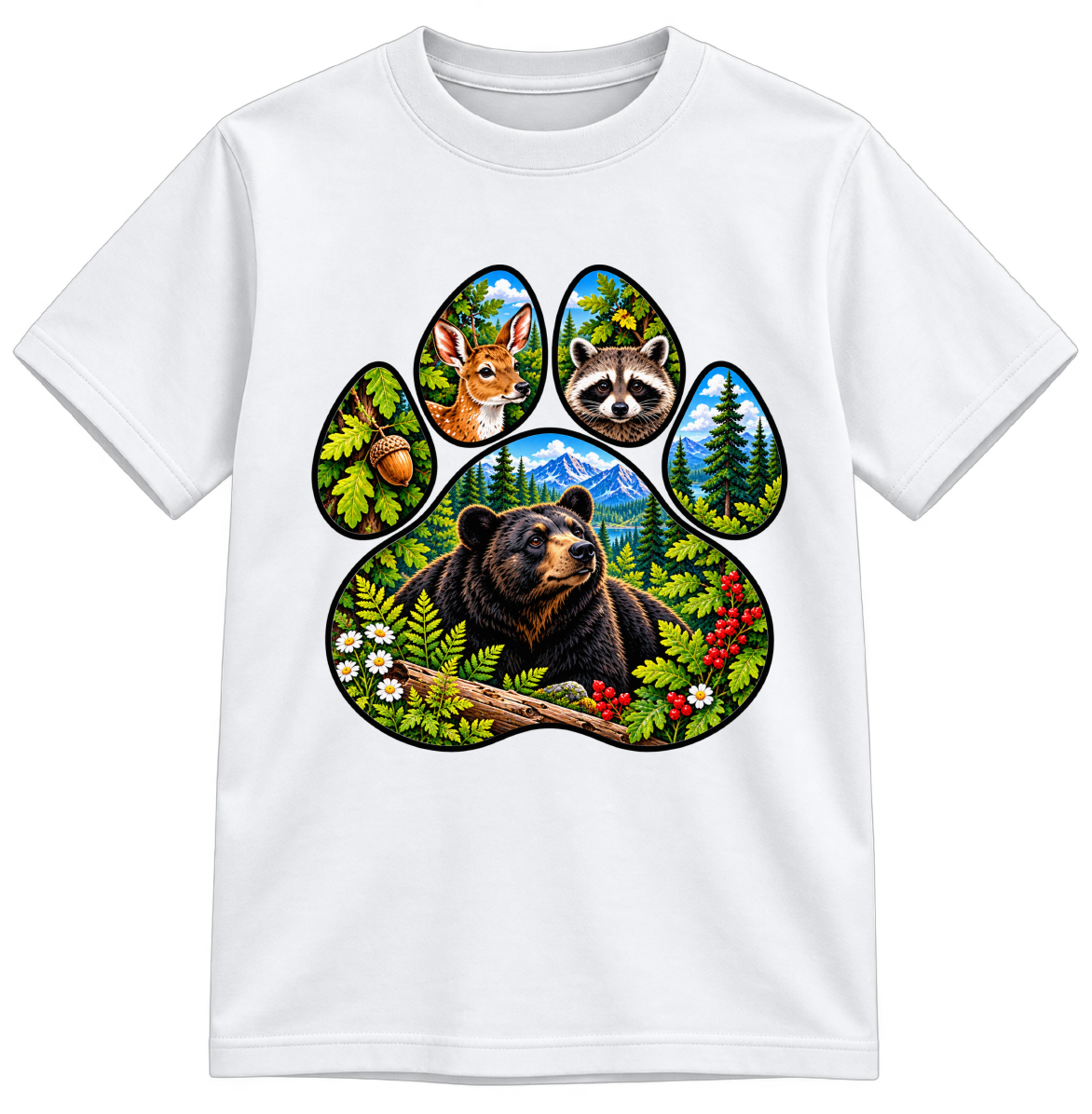 Woodland Friends Fully Colored white T-shirt, finished and shown upright