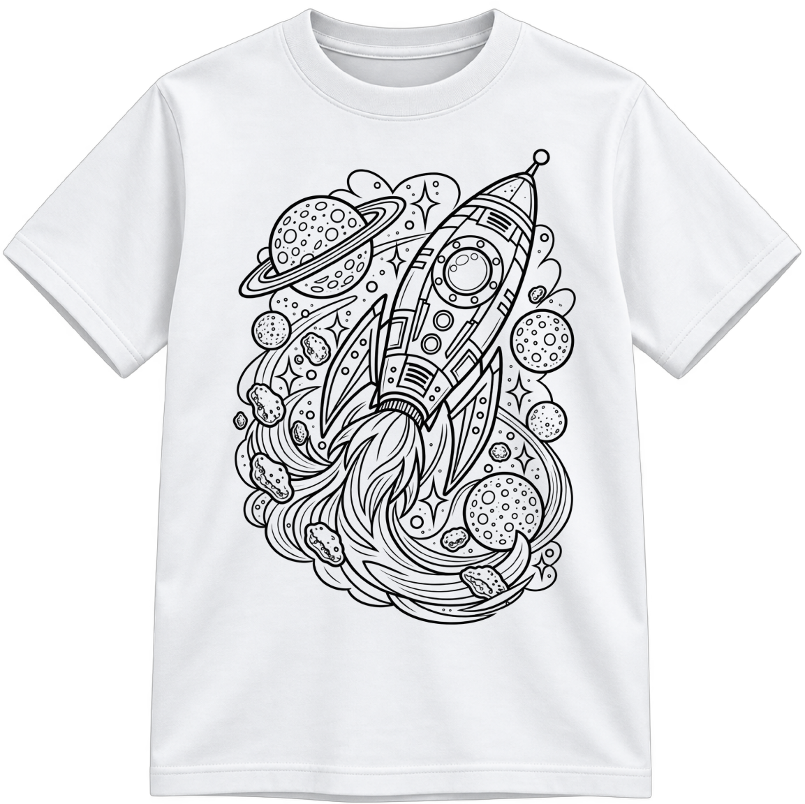 Rocketship Classic Color-Your-Own white T-shirt with black linework, shown upright