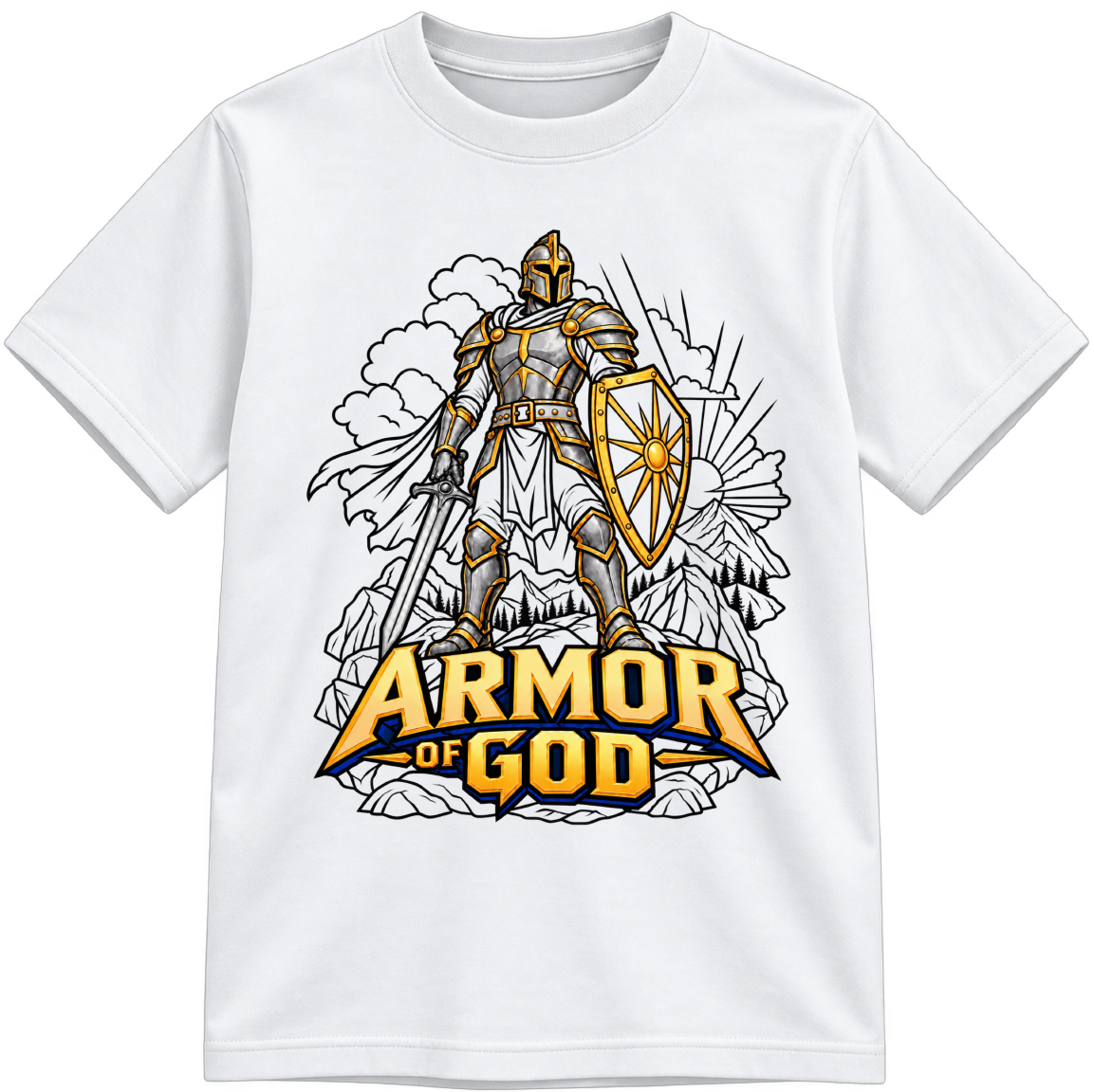 Armor of God Little Makers white T-shirt with partially colored sections, shown upright