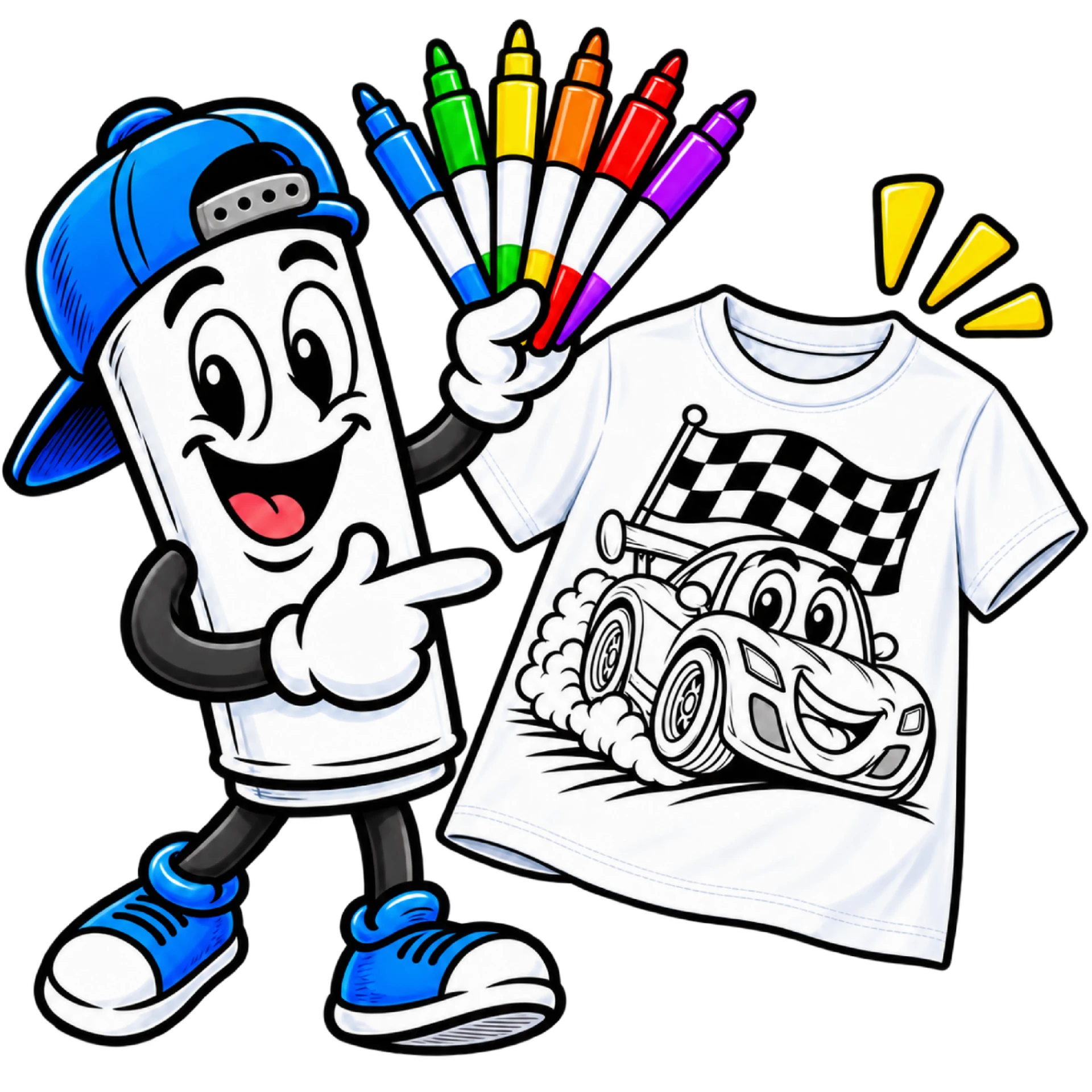 MarkerMade mascot holding a set of colorful fabric markers next to a coloring shirt