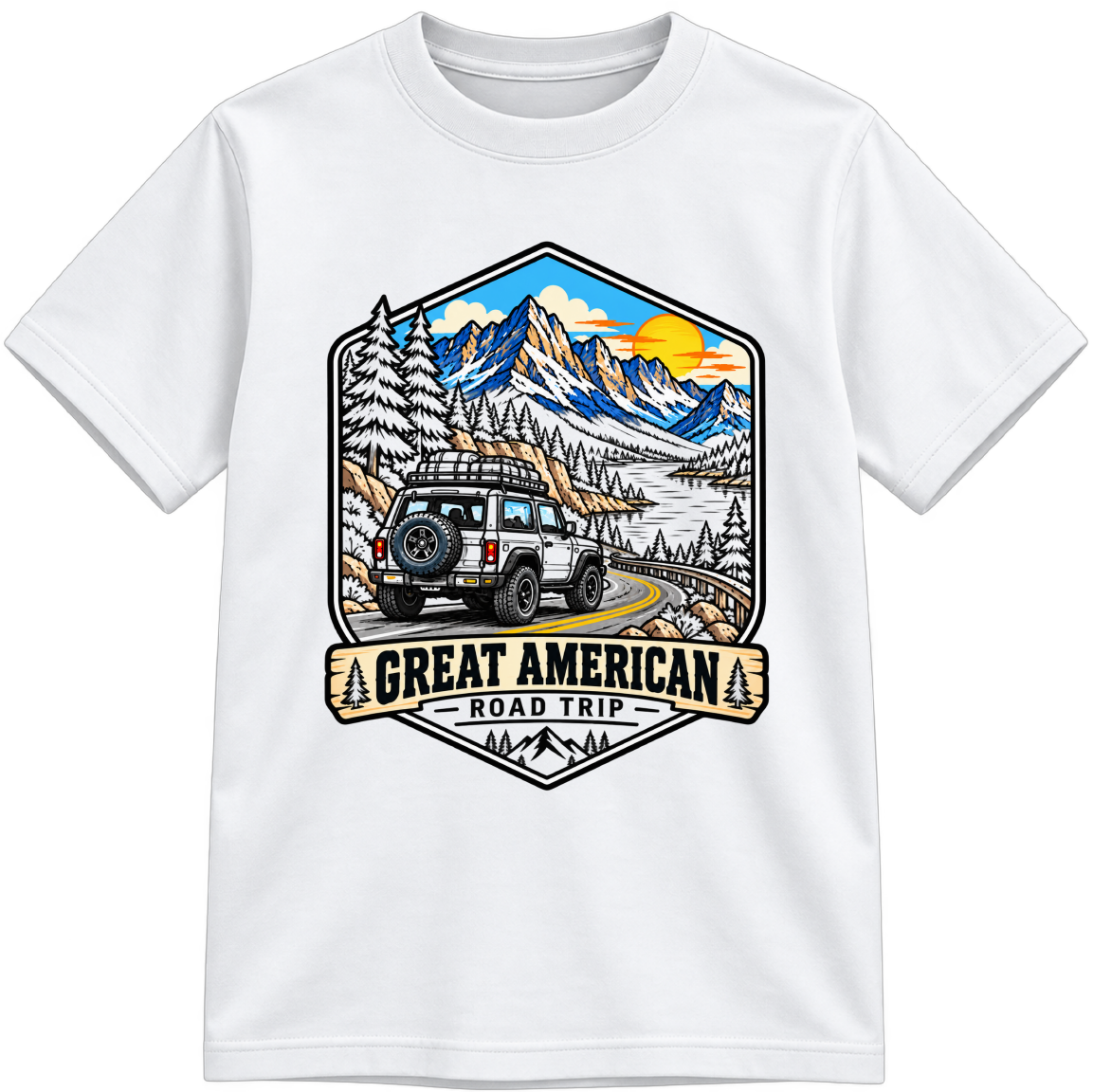 Great American Road Trip Little Makers white T-shirt with partially colored sections, shown upright