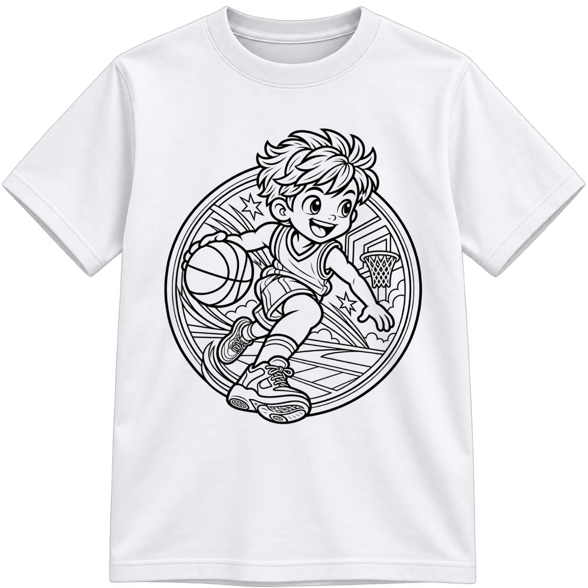 Boys Basketball Classic Color-Your-Own white T-shirt with black linework, shown upright