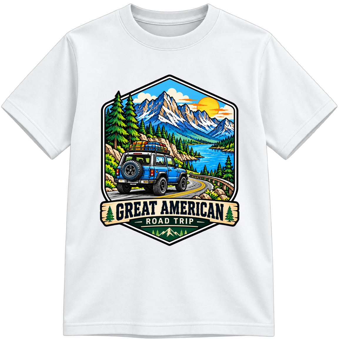 Great American Road Trip Fully Colored white T-shirt, finished and shown upright
