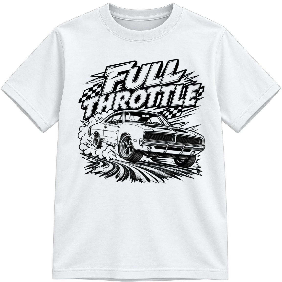 1969 Charger Classic Color-Your-Own white T-shirt with black linework, shown upright