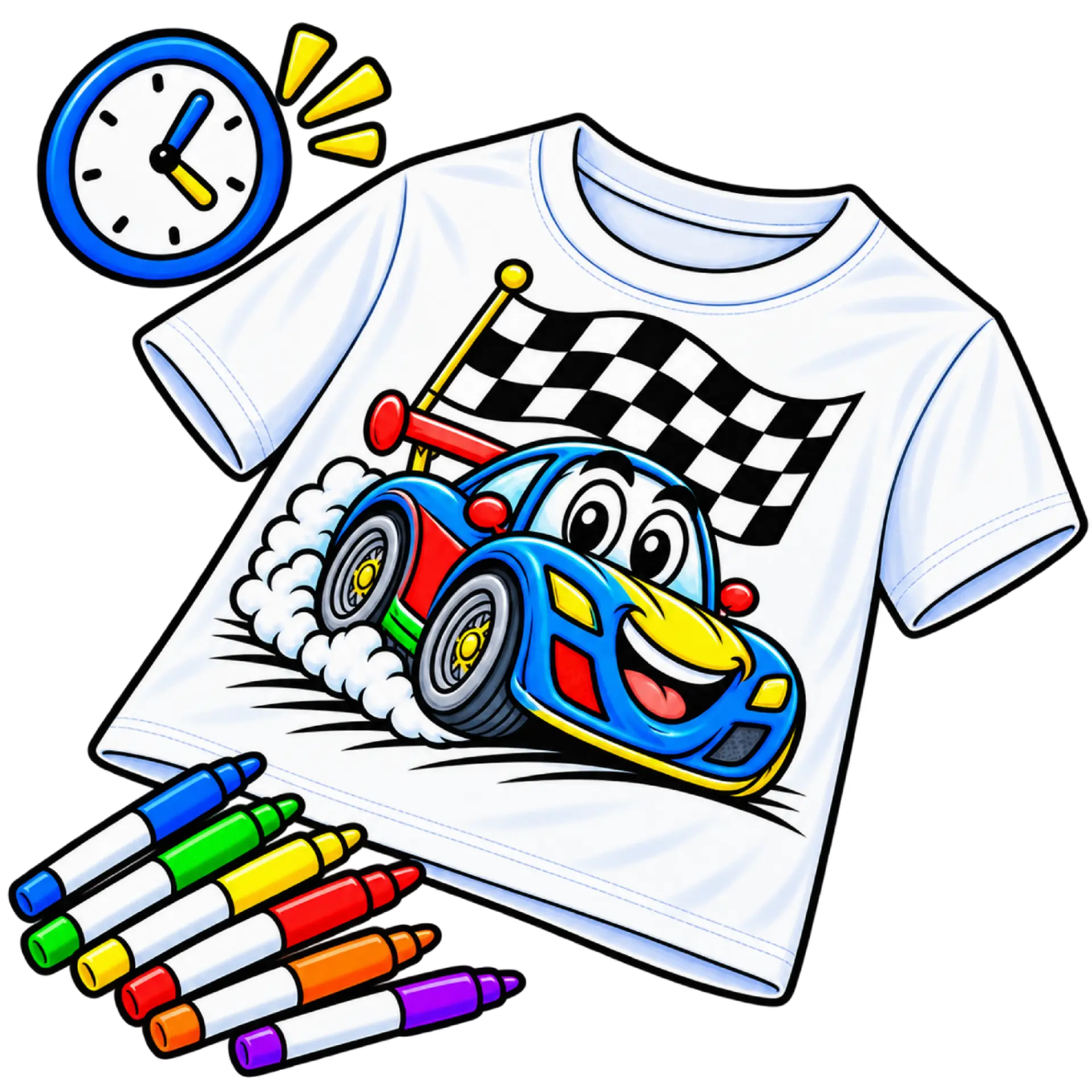 A brightly colored race car shirt beside markers and a clock
