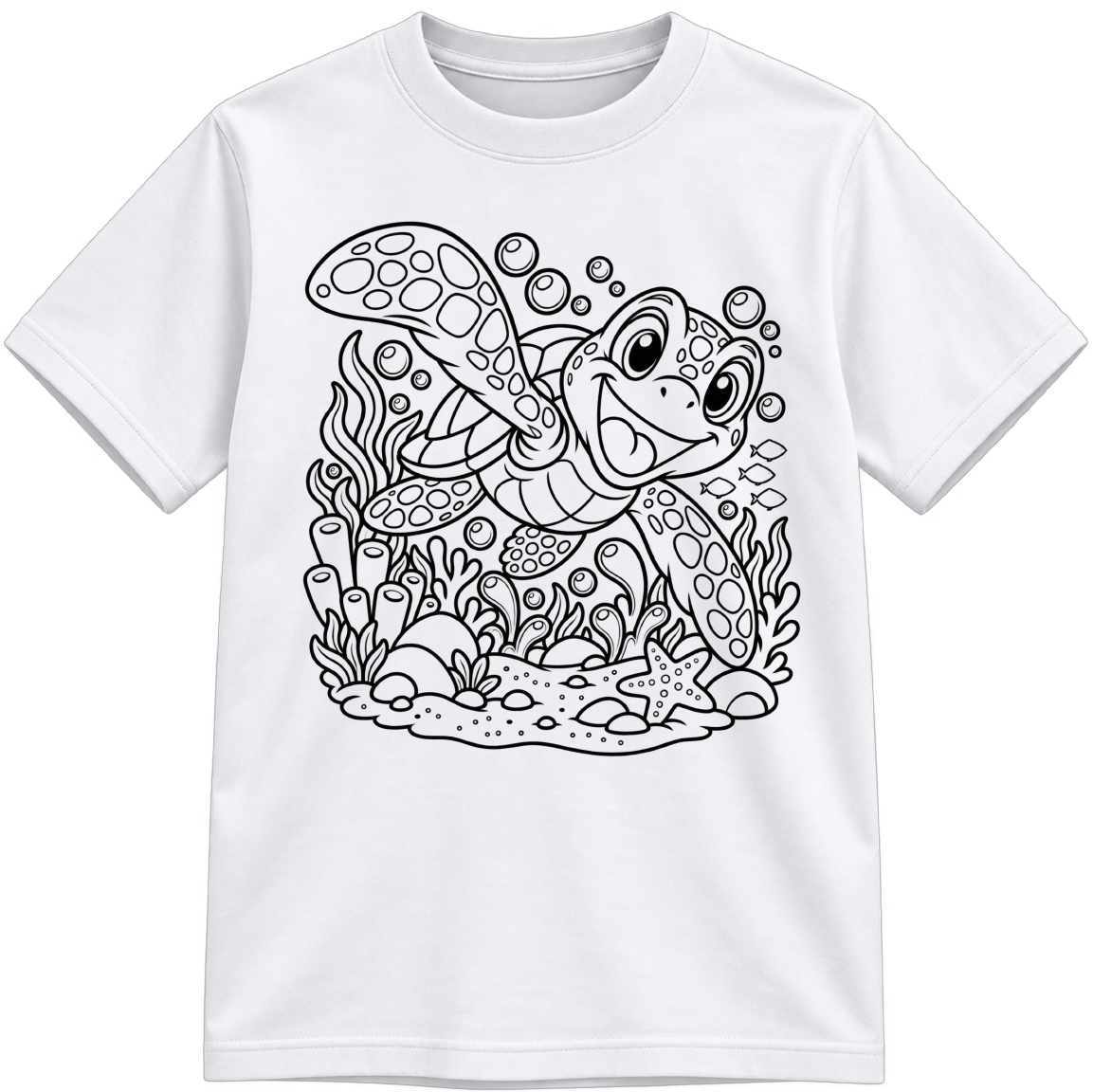 Ocean Turtle Classic Color-Your-Own white T-shirt with black linework, shown upright