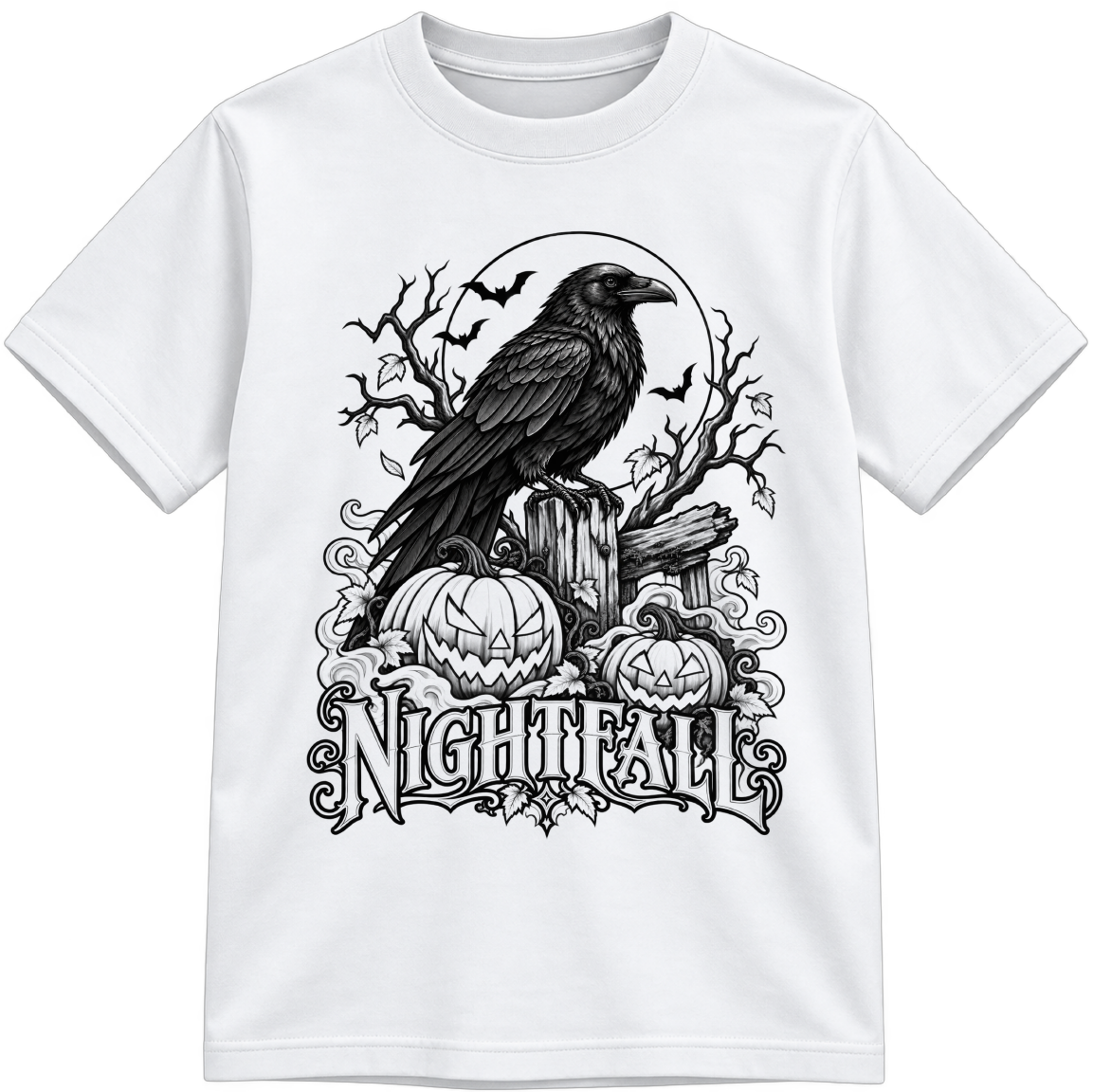 Nightfall Classic Color-Your-Own white T-shirt with black linework, shown upright