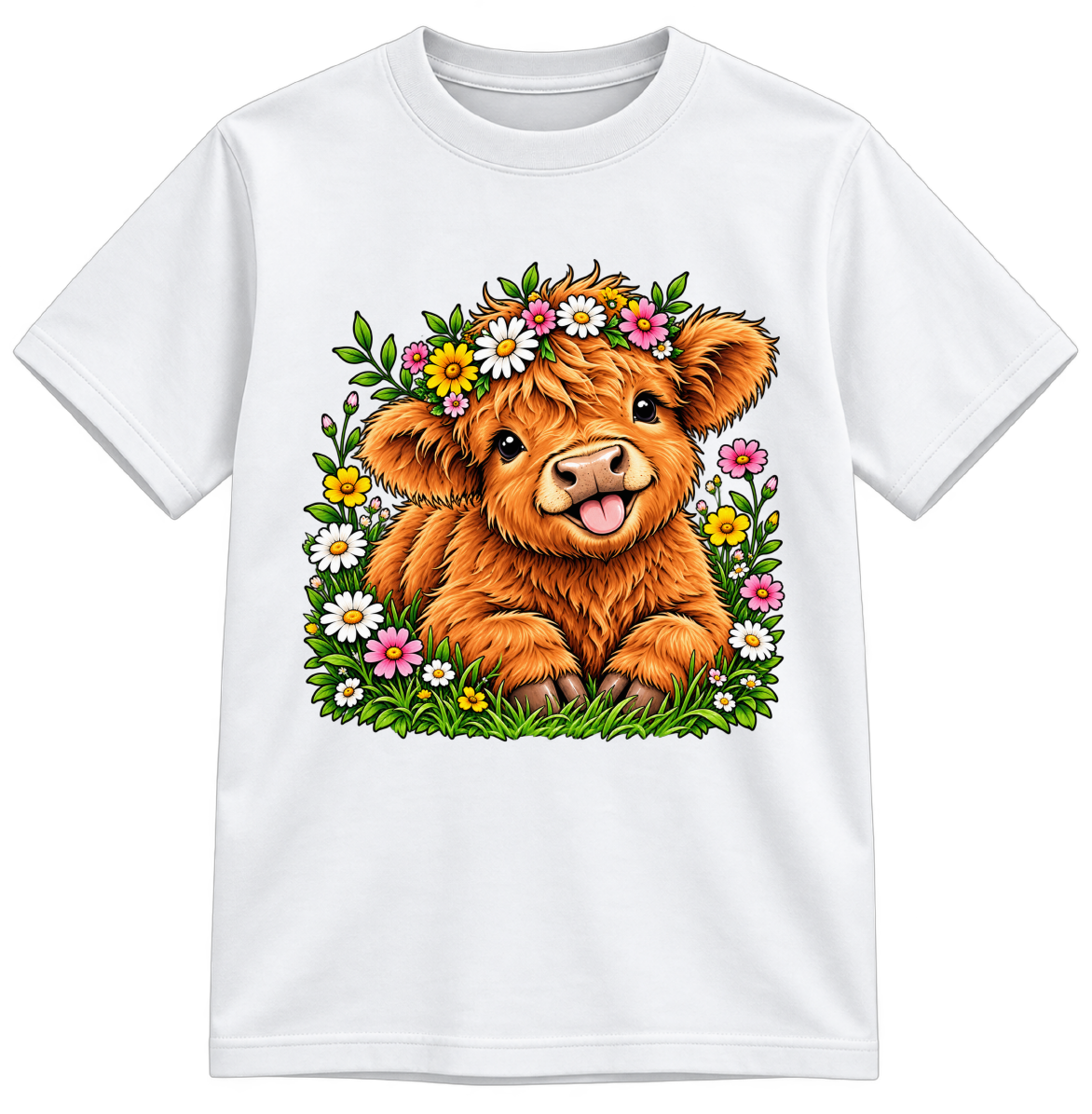Highland Cow Fully Colored white T-shirt, finished and shown upright