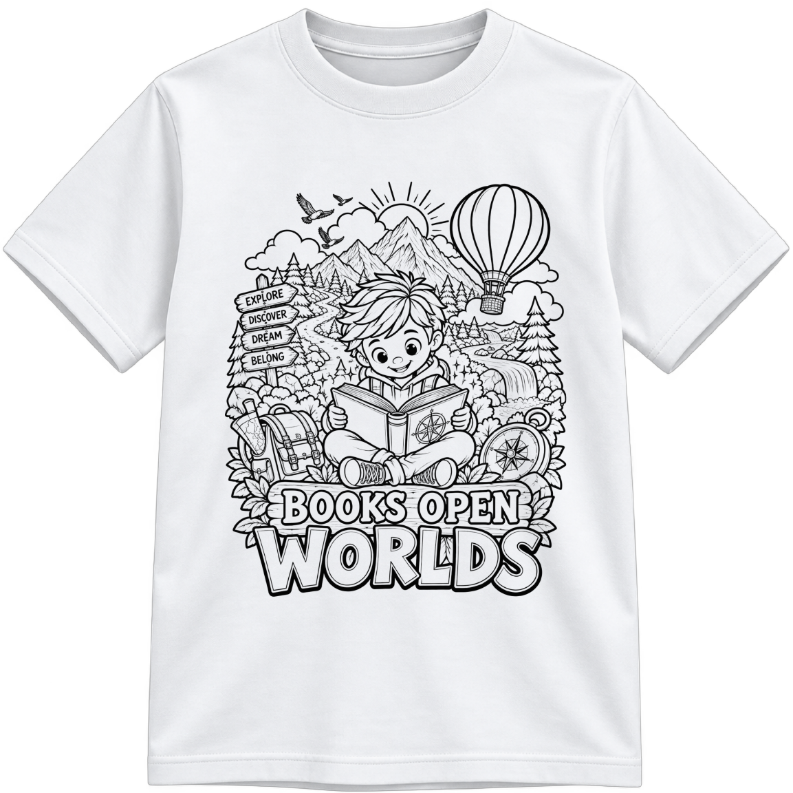 Books Open Worlds Classic Color-Your-Own white T-shirt with black linework, shown upright