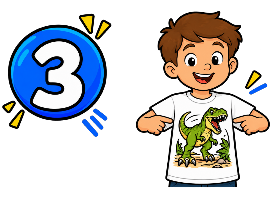 Step 3: a boy proudly wearing his colored dinosaur shirt