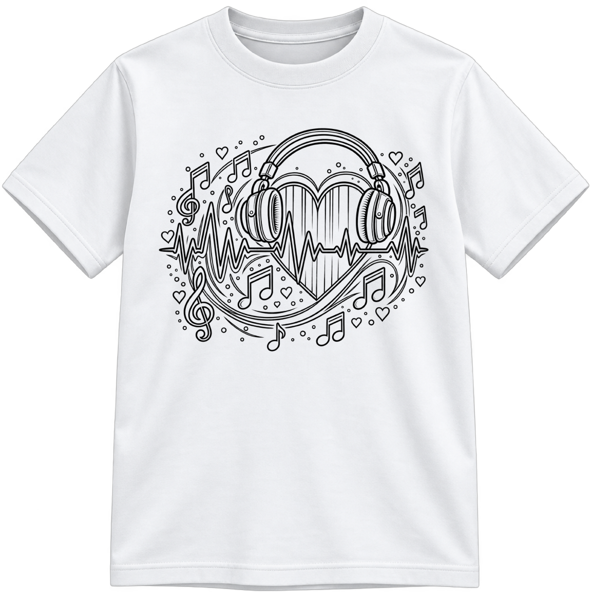 Headphones & Rhythm Classic Color-Your-Own white T-shirt with black linework, shown upright