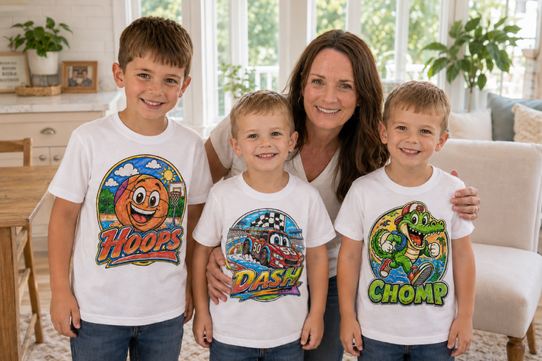 Stephanie with three children proudly wearing the MarkerMade shirts they colored.