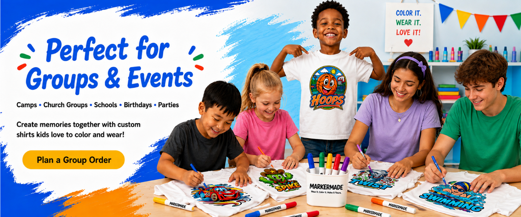 Perfect for Groups & Events — kids and teens coloring their own T-shirts