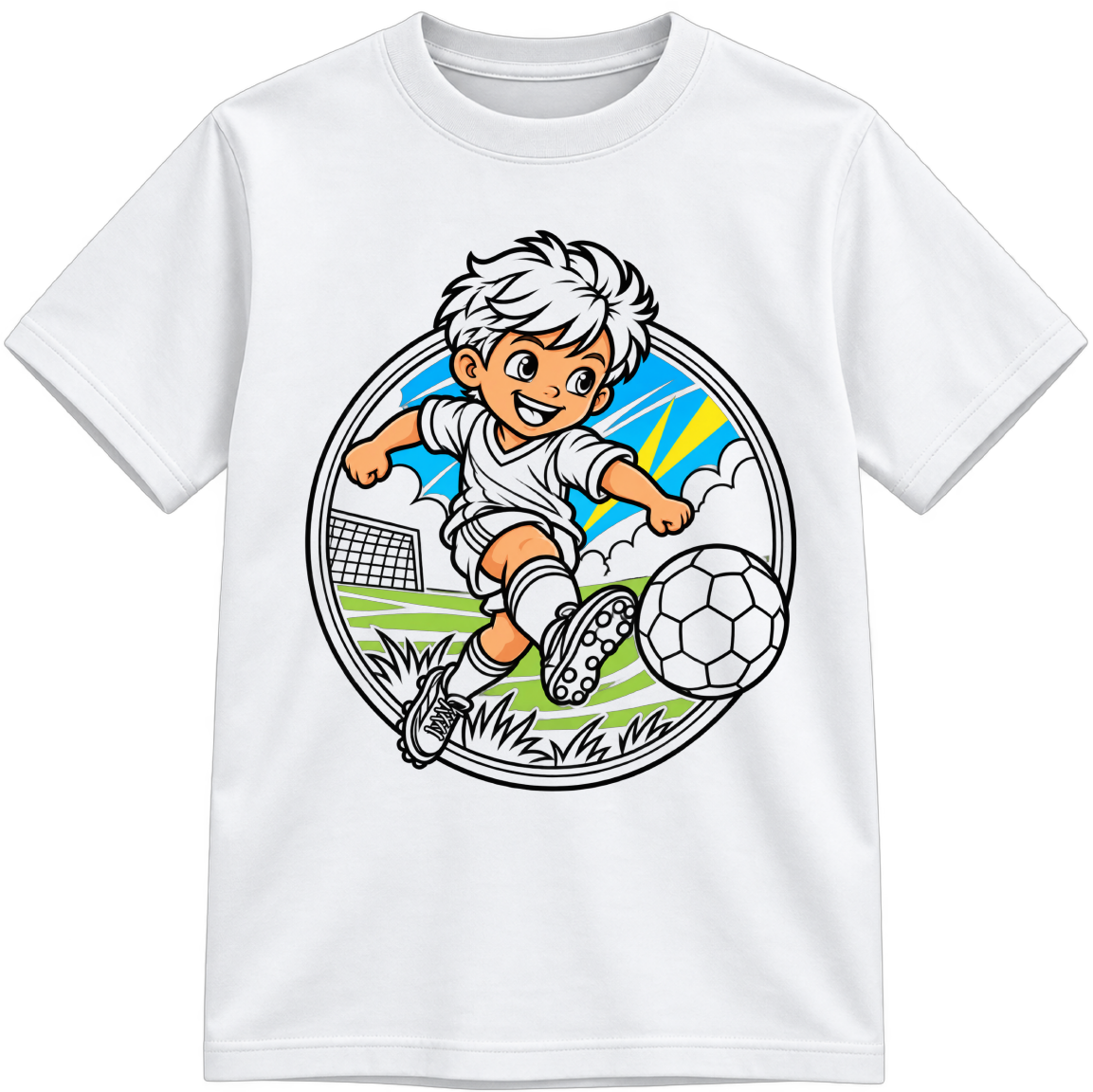 Boys Soccer Little Makers white T-shirt with partially colored sections, shown upright