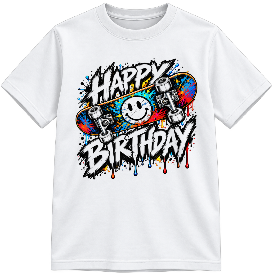Birthday Skate Little Makers white T-shirt with partially colored sections, shown upright