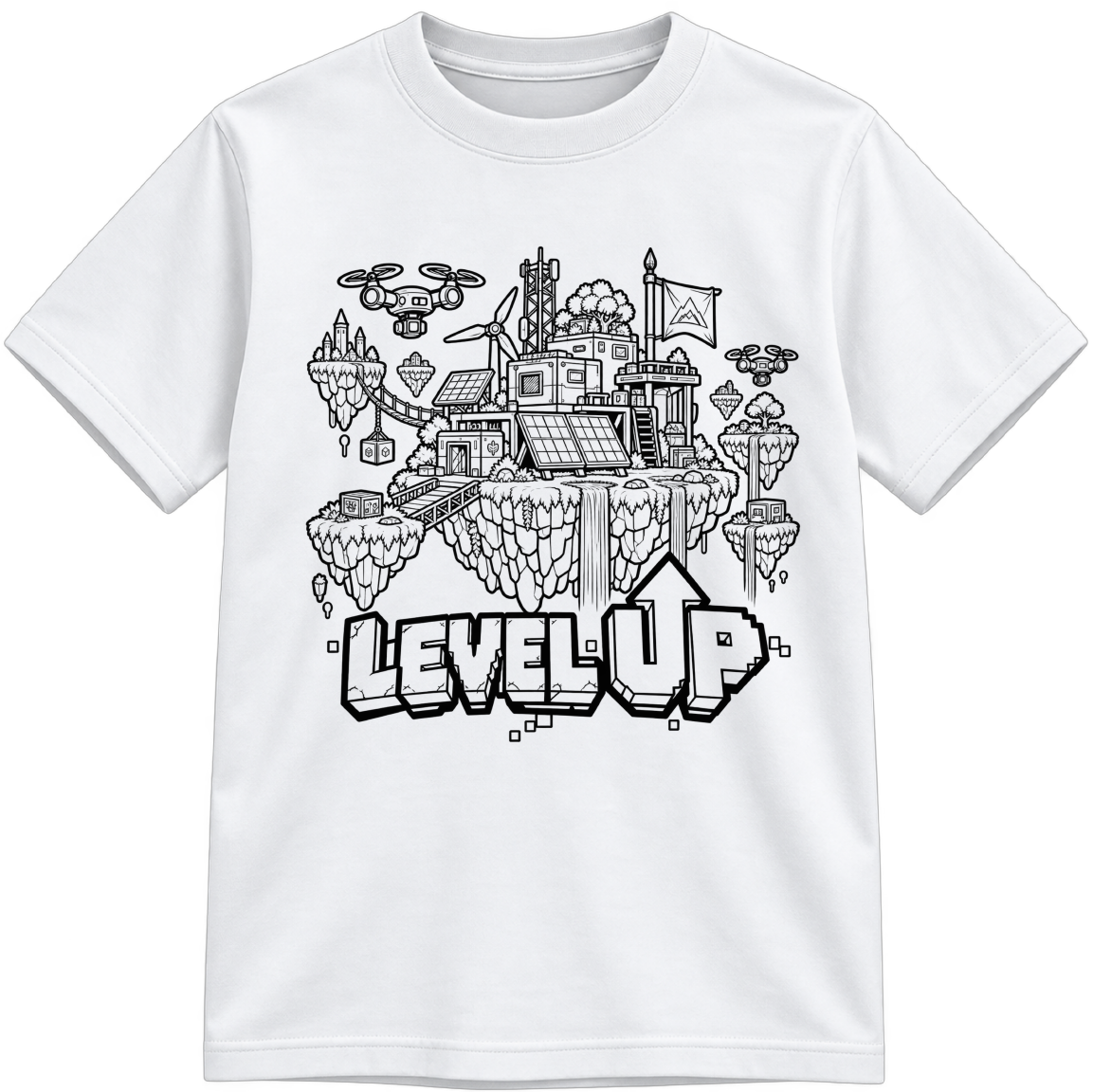 Level Up Classic Color-Your-Own white T-shirt with black linework, shown upright