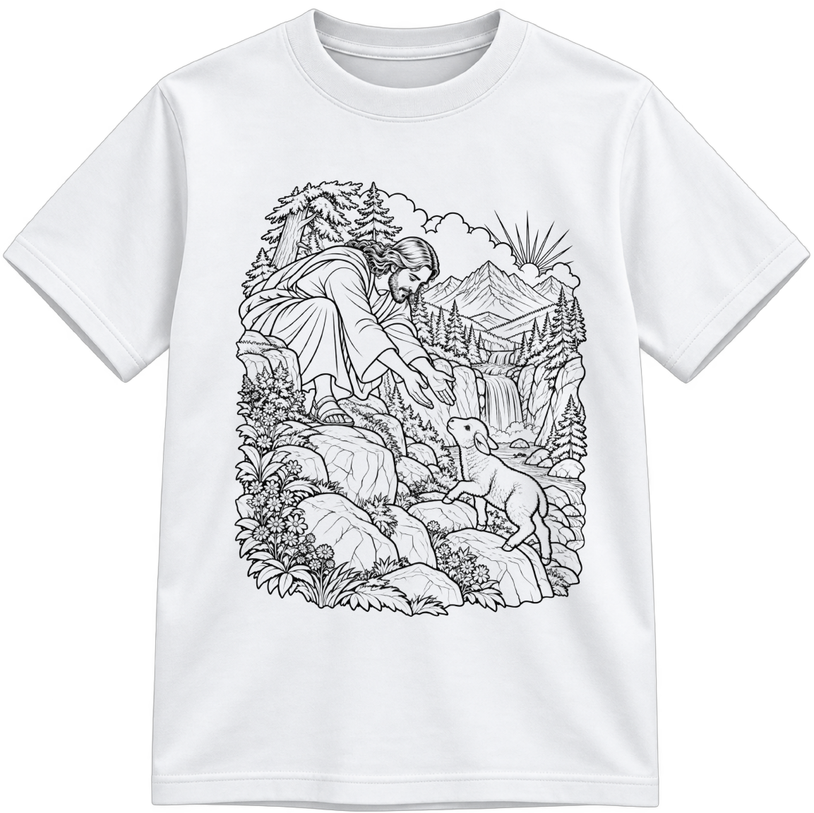 He Leaves the 99 Classic Color-Your-Own white T-shirt with black linework, shown upright