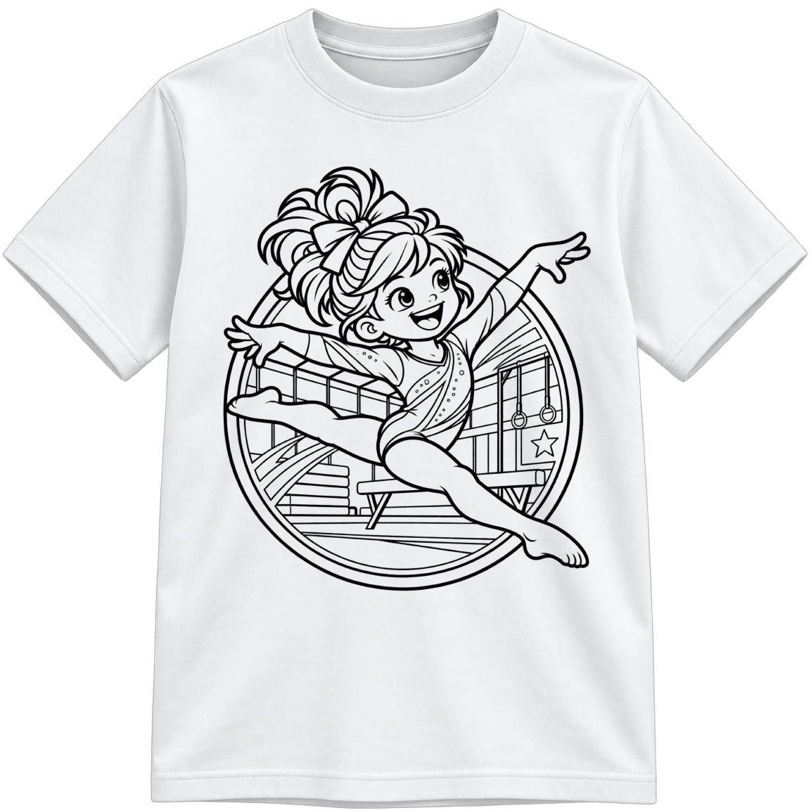 Girls Gymnastics Classic Color-Your-Own white T-shirt with black linework, shown upright