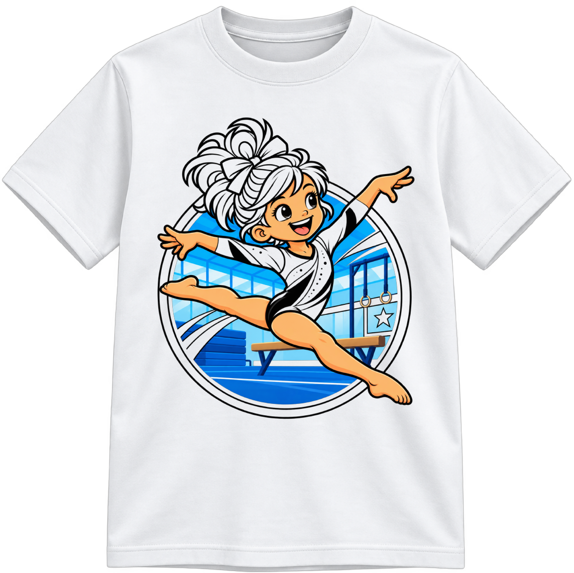 Girls Gymnastics Little Makers white T-shirt with partially colored sections, shown upright