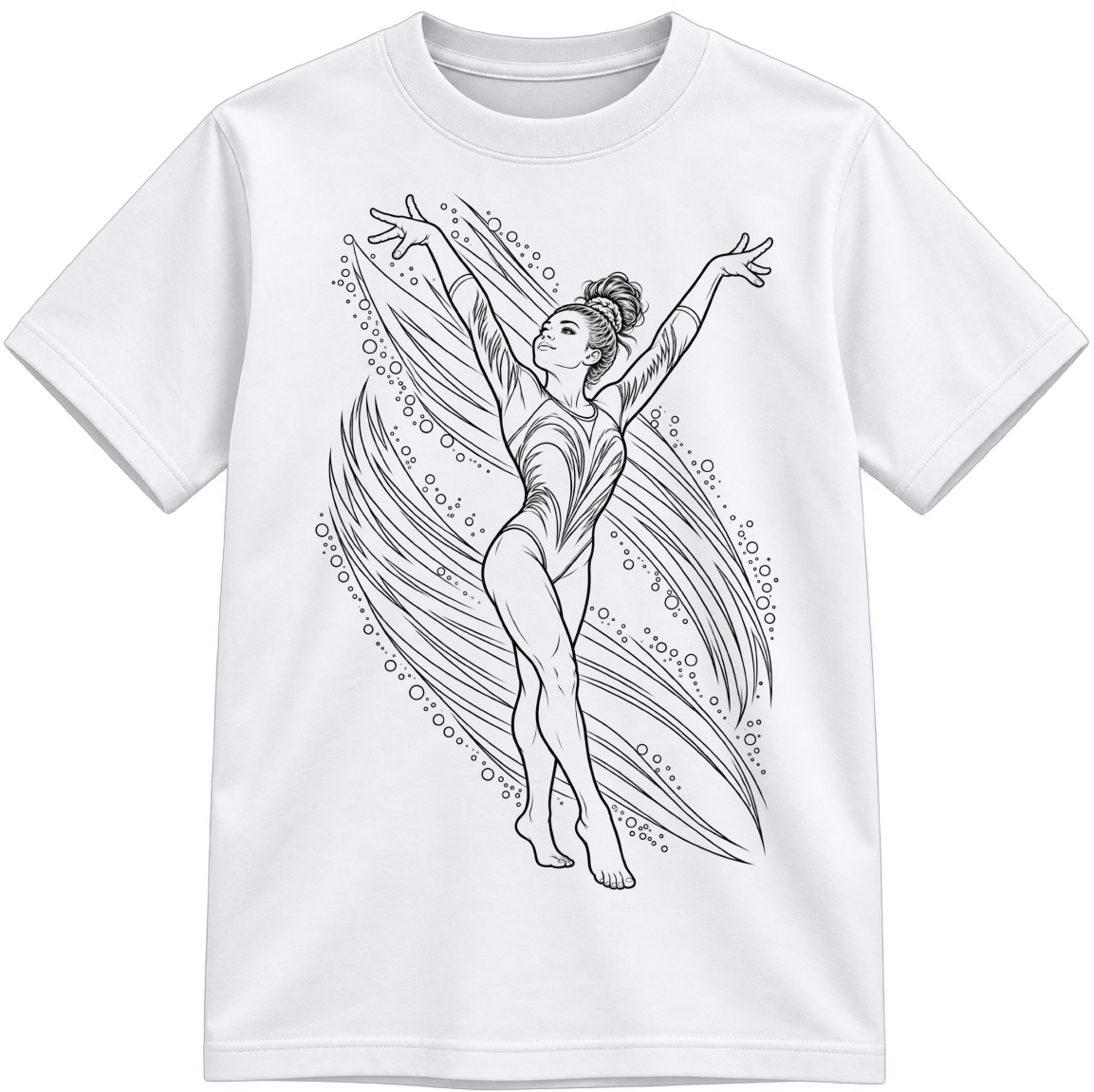Gymnastics Classic Color-Your-Own white T-shirt with black linework, shown upright